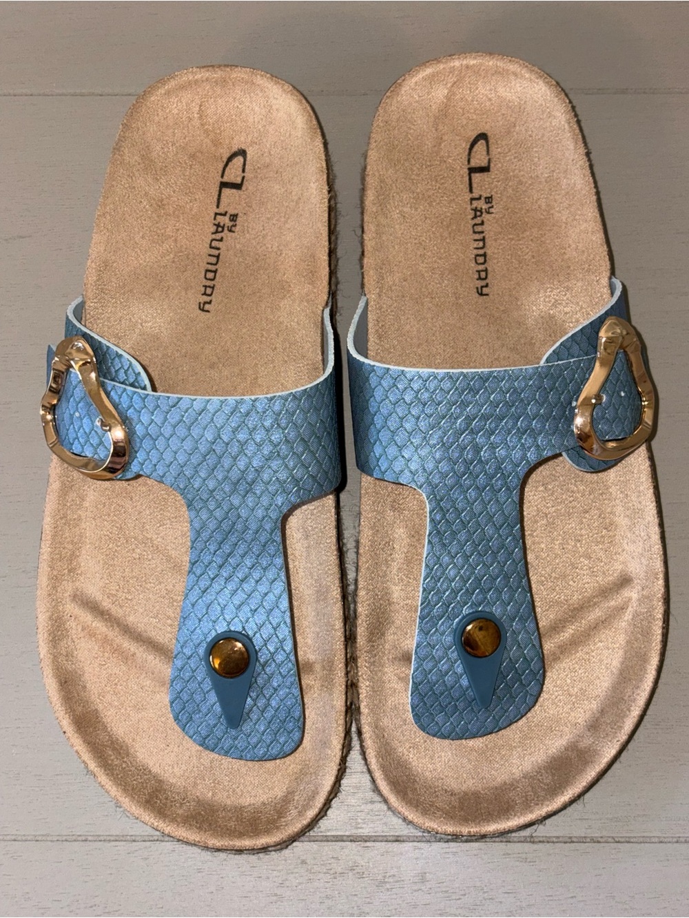 CL by Laundry Light Blue Textured Platform Slip-On Sandals with Gold Buckle